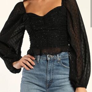 Totally Charmed Black Ruched Clip Dot Balloon Sleeve Top Large
